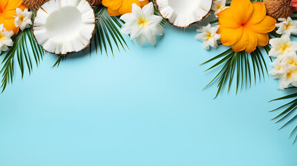 Summer tropical background with a empty space for a text at center, coconut, pine apple, Alo vera, and summer flower flat lay on blue background, Spring break, summer holidays, Refreshing product ban 