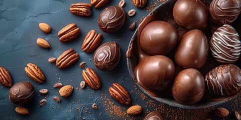 Fototapeta premium chocolate, pecans, and easter on dark background, empty space