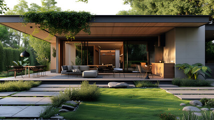 Summer terrace under a canopy of a modern house, generative ai