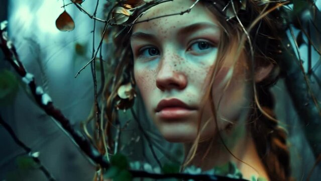 A portrait of a woman with a serene expression, her hair styled into a crown of braids with small leaves weaved in, as if she is a living embodiment of nature.