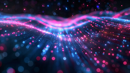 Data flowing through fiber optics cables, digital neon background - obrazy, fototapety, plakaty
