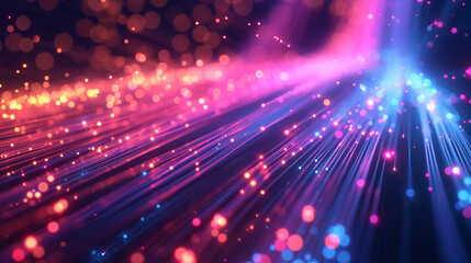 Data flowing through fiber optics cables, digital neon background