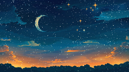 Sky night stars and moon Islamic night sunset.