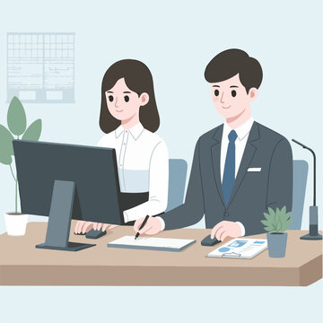 Flat design illustration concept of business people working together. Man and woman working with computer