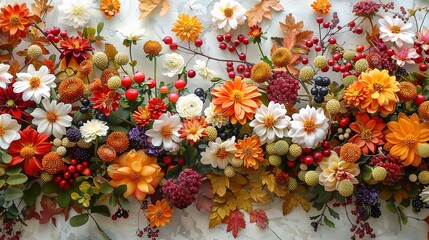 Autumn pastel composition made of beautiful flowers and berries on light backdrop. Floristic decoration