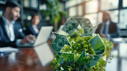 Green recycle symbol icon sign with professional environment background to represent recycling or sorting of waste at office and for working people