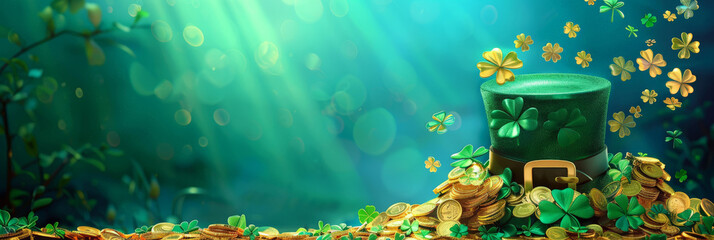 coins and a leprechaun hat on green background, green hat and shamrocks with empty copy space , St. Patrick's Day, banner