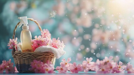 Basket with cleaning items on blurry spring background