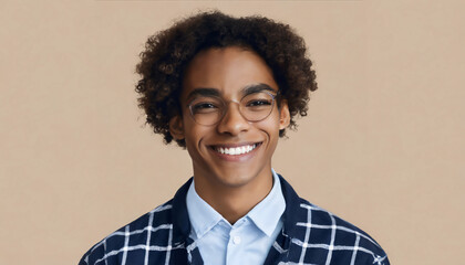 Happy young African American gen z guy winking isolated on beige background. Playful ethnic teen student, cool curly generation z teenager smiling with white perfect teeth, close up portrait - obrazy, fototapety, plakaty