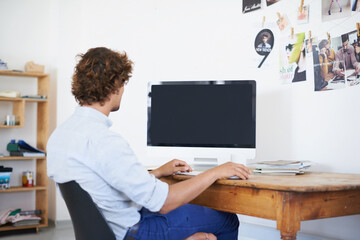 Business man, monitor and computer screen for mockup in home office for productivity and research on creative project. Journalist, writing or editing on keyboard or remote work for online magazine