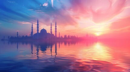 Captivating ramadan kareem: tranquil mosque silhouettes reflecting on serene sea - religious background