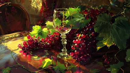A painting featuring a wine glass, surrounded by grapes and leaves
