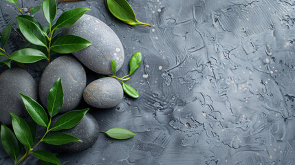 Spa stones and green branch on grey background.