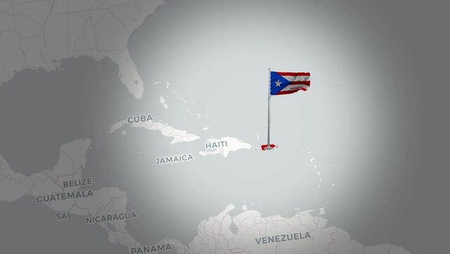 Puerto Rico map.Aerial Views of Puerto Rico's Flag Above the Map.