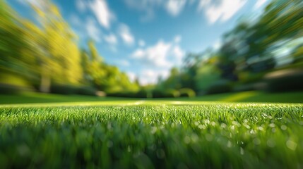 Beautiful blurred background image of spring nature with a neatly trimmed lawn surrounded by trees against a blue sky with clouds