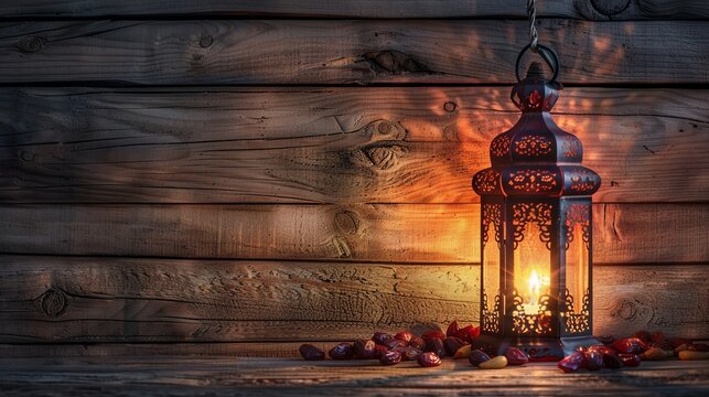 Exquisite ramadan lamp and dates on wooden background: captivating oriental lantern stock image for cultural celebrations and festive designs