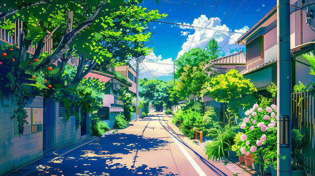a painting of a street with trees and houses on a sunny day