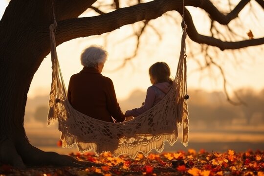 Two elderly women are relaxing in a hammock on the shore of the lake.Image with space for text