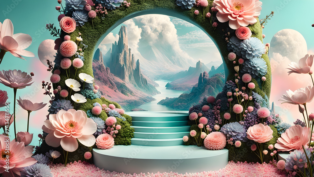 Poster podium-in-studio-close-up-view-for-displaying-mock-up-dreamlike-collage-style-surrounded-by-surreal