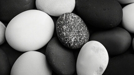 Fototapeta na wymiar Black and white sea pebbles as an element of internal harmony, seashore