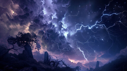 Thunderstorm with lightning at night near the garden