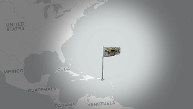 United States Virgin Islands map.Aerial Views of United States Virgin Islands's Flag Above the Map.