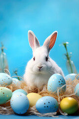 Naklejka na ściany i meble white rabbit with a lot of colored eggs on blue light background