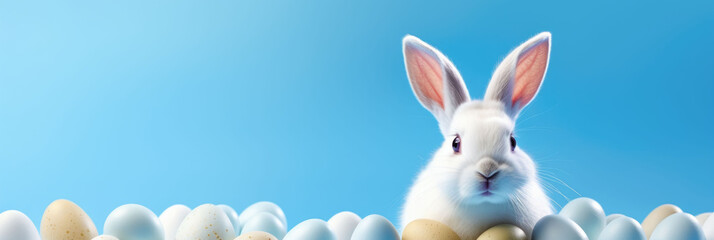 white rabbit with a lot of colored eggs on blue light background. banner