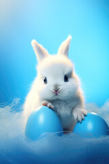 Fototapeta na wymiar cute bunny with egg in blue light backgroun
