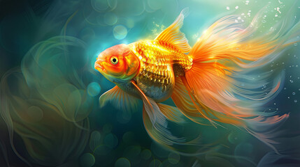 Aquarium goldfish on blurred blue background