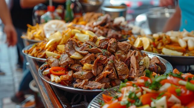Delicious turkish cuisine: ramadan 'iftar' tradition with assorted oriental dishes and doner meat in restaurant setting - authentic stock image