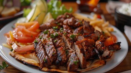 Delicious turkish cuisine: ramadan 'iftar' tradition with assorted oriental dishes and doner meat in restaurant setting - authentic stock image