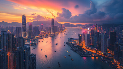Hong Kong Victoria Harbor during the enchanting hour of dusk with scene of natural beauty and urban sophistication. - obrazy, fototapety, plakaty