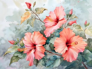 Hibiscus Flowers in Watercolor Style