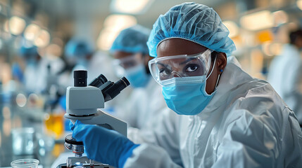 Modern lab scene, bright tones: Scientists in PPE and masks meticulously examine blood samples via microscope.