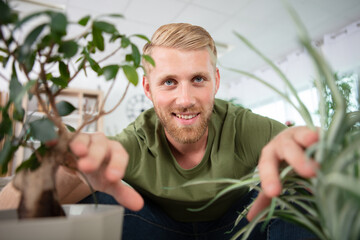 man looking through his houseplants