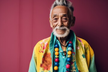 Portrait of an old Indian man with colorful clothes on a pink background.