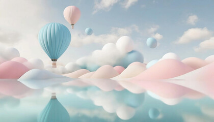 Pink and blue balloons float between the clouds, reflecting on the surface of the lake.