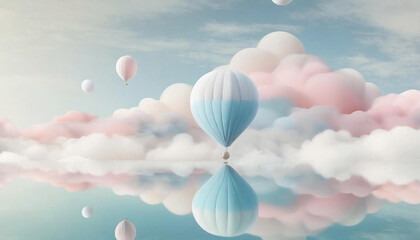 Fototapeta premium Pink and blue balloons float between the clouds, reflecting on the surface of the lake.