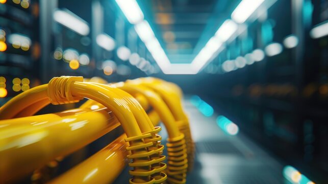 Close-up photo of LAN yellow cable head in server room, Vibrant Yellow Ethernet Cables in a Modern Data Center