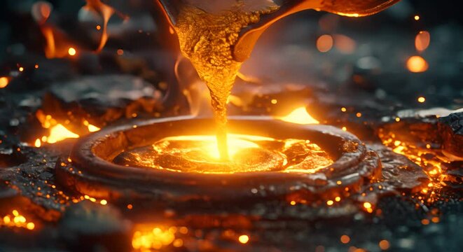 molten gold being carefully poured into a mold