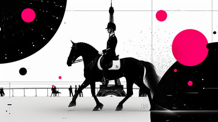 simple line art minimalist collage illustration with professional equestrian athlete and Eiffel Tower in the background, olympic games, wide lens