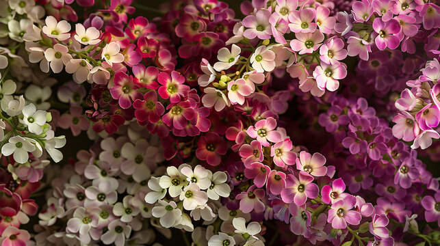 hyper-realistic images capturing the harmony of Sweet Alyssum petals. Utilize cinematic framing to emphasize the arrangement and realistic colors