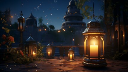 3d rendering of an old temple at night with candles and lanterns
