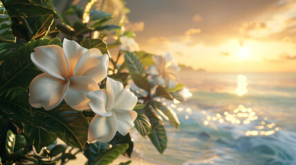 Fototapeta na wymiar Gardenia blossoms by the coast, utilizing cinematic framing to convey a sense of tranquility. Showcase the realistic colors of the blooms