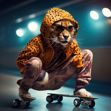 A cheetah as a skateboarding sensation performing sketing