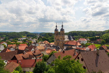 Panorama view with pilgrimage site Basilica minor in Gößweinstein and townscape in Franconian Switzerland, Bavaria, Germany