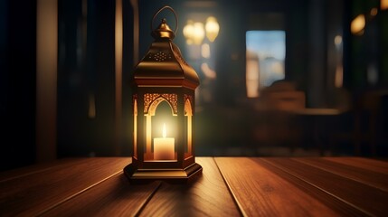 Lantern on wooden table. Ramadan Kareem concept. 3D Rendering