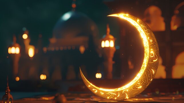 Ramadan Kareem's background with a crescent moon and mosque door.