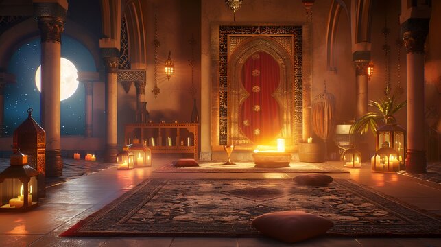 3D rendering of the interior of a mosque in Egypt at night